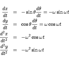 \begin{eqnarray*}
\frac{{dx}}{{dt}} &=& - \sin \theta \frac{{d\theta }}{{dt}} = ...
...mega t \\
\frac{{d^2 y}}{{dt^2 }} &=& - \omega ^2 \sin \omega t
\end{eqnarray*}