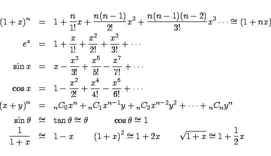 \begin{eqnarray*}
\left( {1 + x} \right)^n &=& 1 + \frac{n}{{1!}}x + \frac{{n(n ...
... \right)^2 \cong 1 + 2x
$B!!!!(B\sqrt {1 + x} \cong 1 + \frac{1}{2}x
\end{eqnarray*}