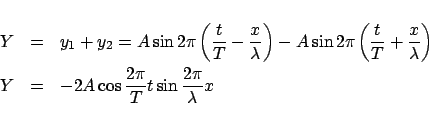 \begin{eqnarray*}
Y&=&y_1+y_2=A\sin 2\pi \left( {\frac{t}{T} - \frac{x}{\lambda...
... &=& - 2A\cos \frac{{2\pi }}{T}t\sin \frac{{2\pi }}{\lambda }x
\end{eqnarray*}