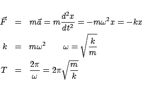\begin{eqnarray*}
\vec{F} &=& m\vec{a} = m\frac{{d^2 x}}{{dt^2 }} = - m\omega ^...
...} \\
T &=& \frac{{2\pi }}{\omega } = 2\pi \sqrt {\frac{m}{k}}
\end{eqnarray*}