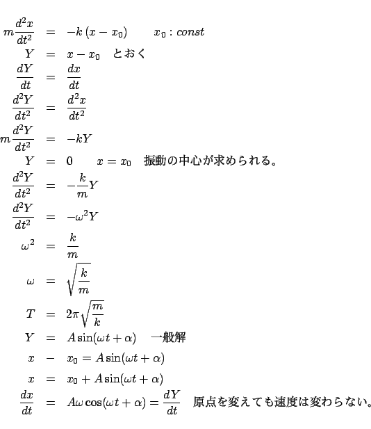 \begin{eqnarray*}
m\frac{{d^2 x}}{{dt^2 }} &=& - k\left( {x - x_0 } \right)\qqu...
...t + \alpha )=\frac{{dY}}{{dt}}$B!!86E@$rJQ$($F$bB.EY$OJQ$o$i$J$$!#(B
\end{eqnarray*}