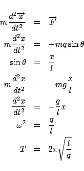 \begin{eqnarray*}
m\frac{{d^2 \overrightarrow x }}{{dt^2 }} &=& \overrightarrow...
... \omega ^2 &=& \frac{g}{l} \\
T &=& 2\pi \sqrt {\frac{l}{g}}
\end{eqnarray*}